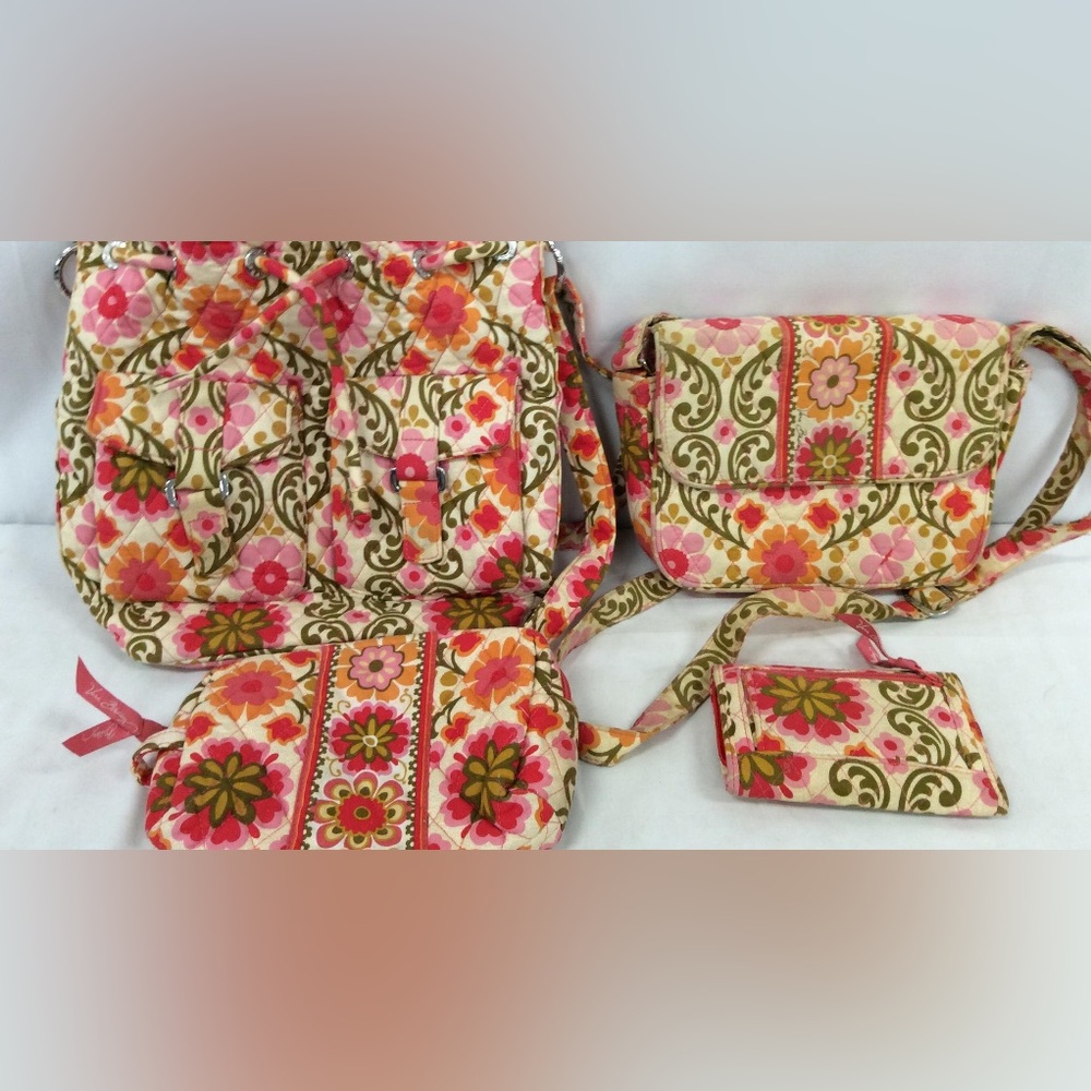 Vera Bradley 4pc Set Drawstring Bucket Bag,Shoulder Bag,Makeup Bag, & Wallet